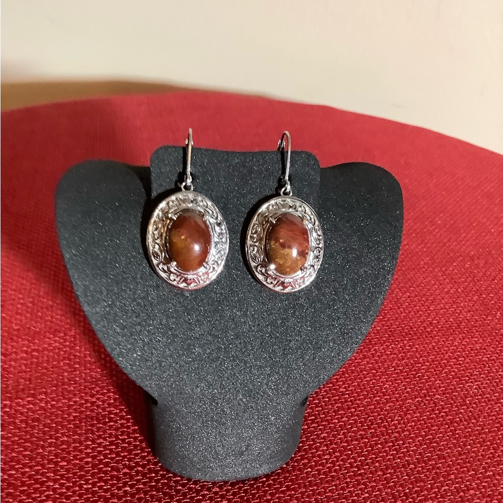 Sterling-Style Brown Stone Drop Earrings